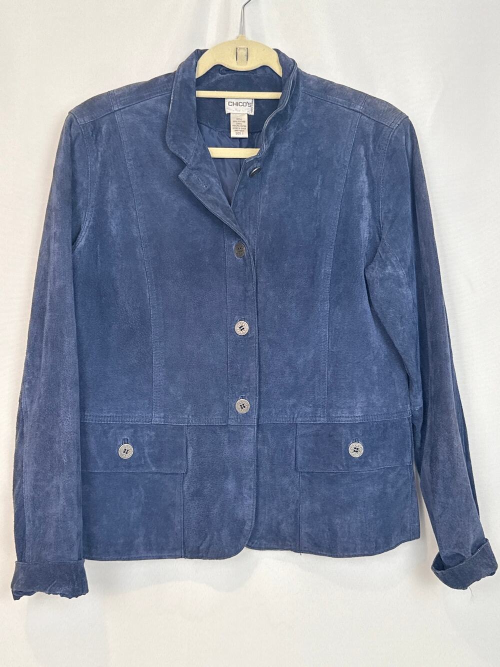 Chico's Genuine Suede Leather Jacket Size 1 Slate Blue Snap Front Women